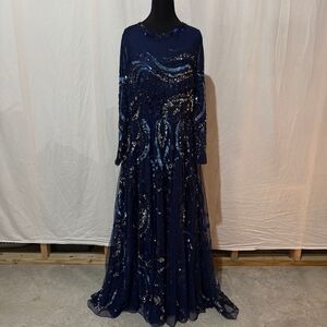 Mac Duggal Navy Sequin Long Sleeve Gown